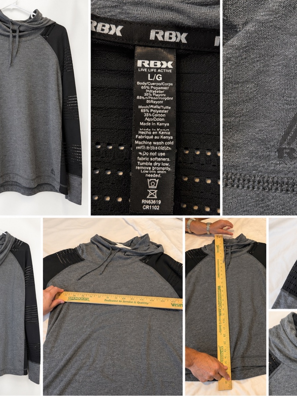 RBX Women’s Large Gray Black Activewear Hoodie Mesh Sleeve Pullover